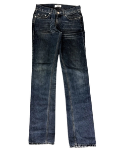 Indigo wide-leg jeans with front patch pockets, belt loops, and faded wash