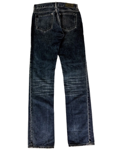Indigo wide-leg jeans with five pockets, belt loops, and button fly