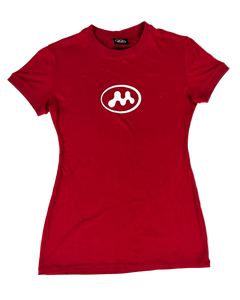 Red logo T-shirt dress with short sleeves, crew neck, and chest graphic