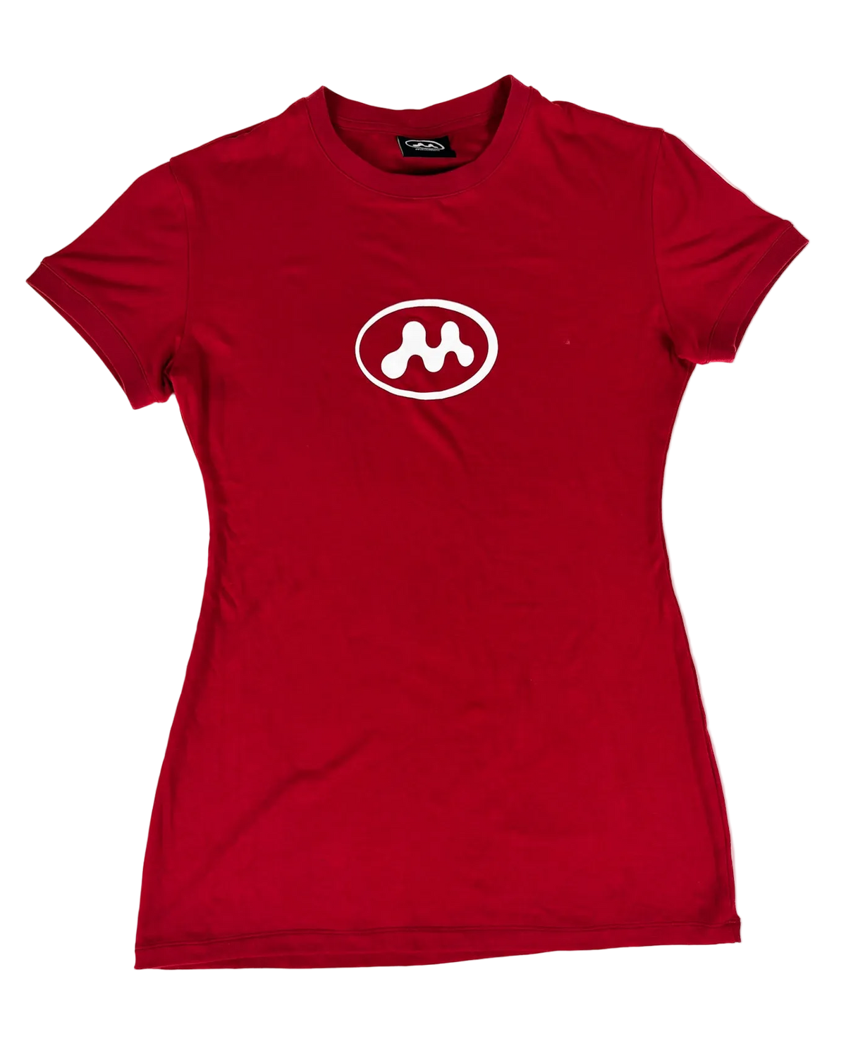 Red logo T-shirt dress with short sleeves, crew neck, and chest graphic