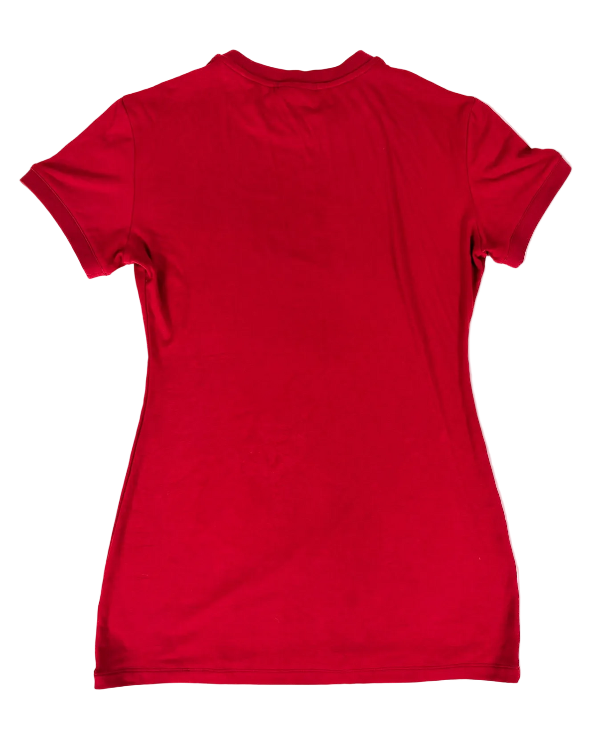 Red T-shirt dress with short sleeves and crew neck, shown from the back