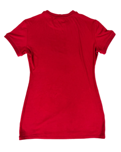 Red T-shirt dress with short sleeves and crew neck, shown from the back