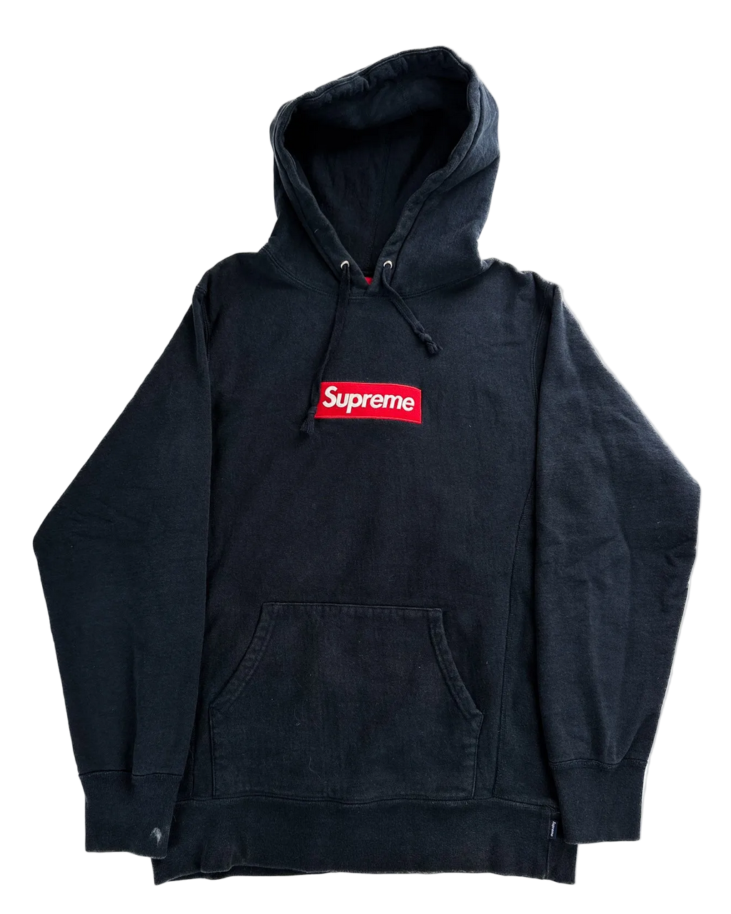 Navy pullover hoodie with Supreme box logo on chest and front kangaroo pocket