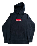Navy pullover hoodie with Supreme box logo on chest and front kangaroo pocket