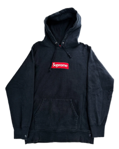 Navy pullover hoodie with Supreme box logo on chest and front kangaroo pocket