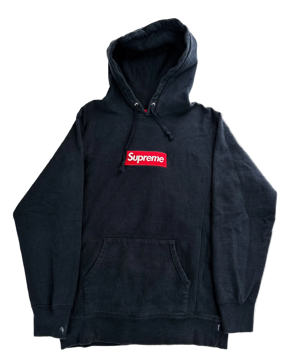 Navy pullover hoodie with Supreme box logo on chest and front kangaroo pocket