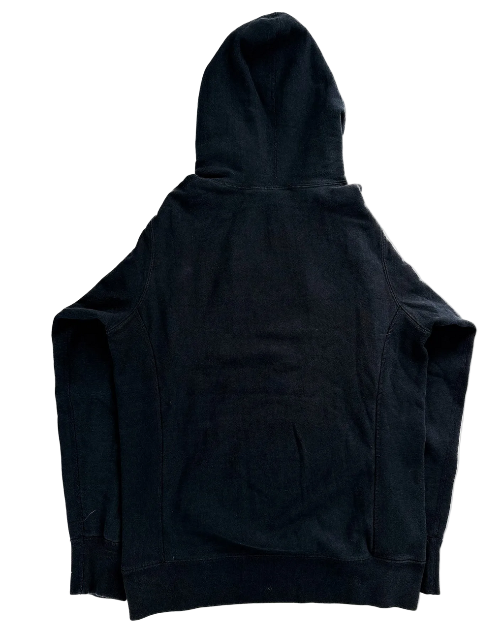 Dark navy pullover hoodie with hood and kangaroo pocket, back view