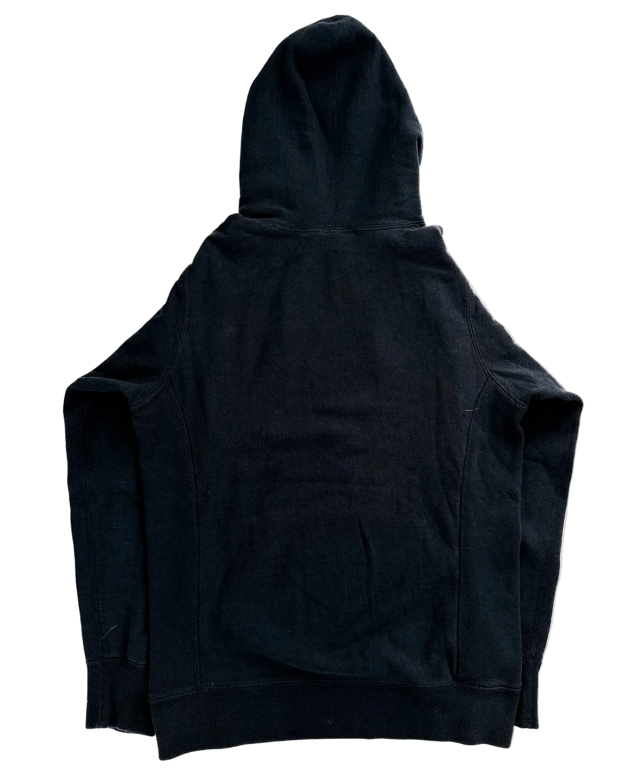 Dark navy pullover hoodie with hood and kangaroo pocket, back view