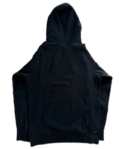 Dark navy pullover hoodie with hood and kangaroo pocket, back view