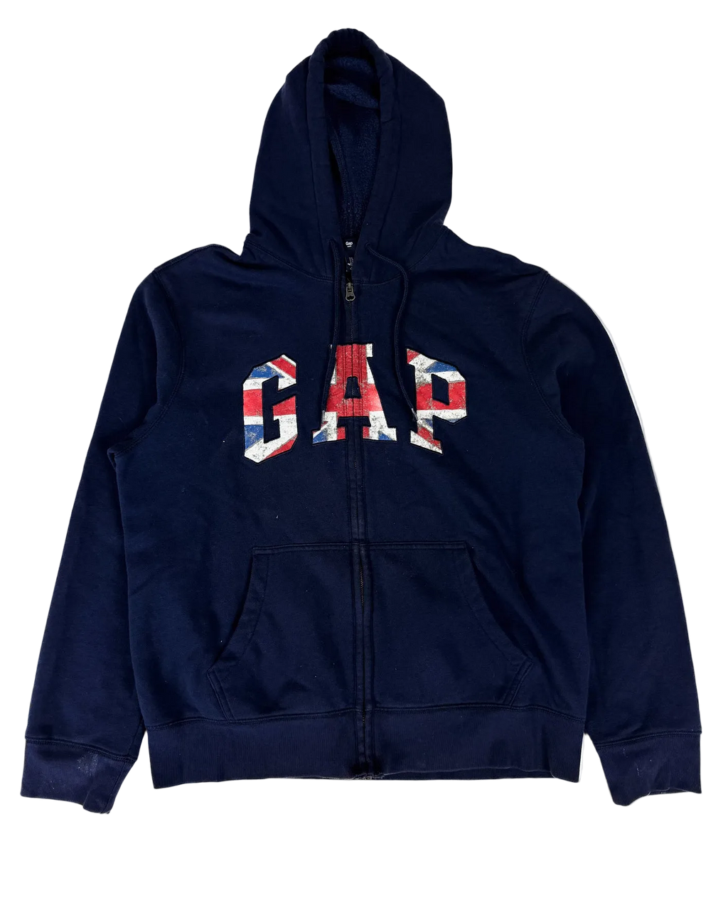 Navy zip-up hoodie with hood, front pocket, and GAP Union Jack logo