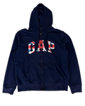Navy zip-up hoodie with hood, front pocket, and GAP Union Jack logo