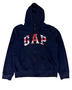 Navy zip-up hoodie with hood, front pocket, and GAP Union Jack logo