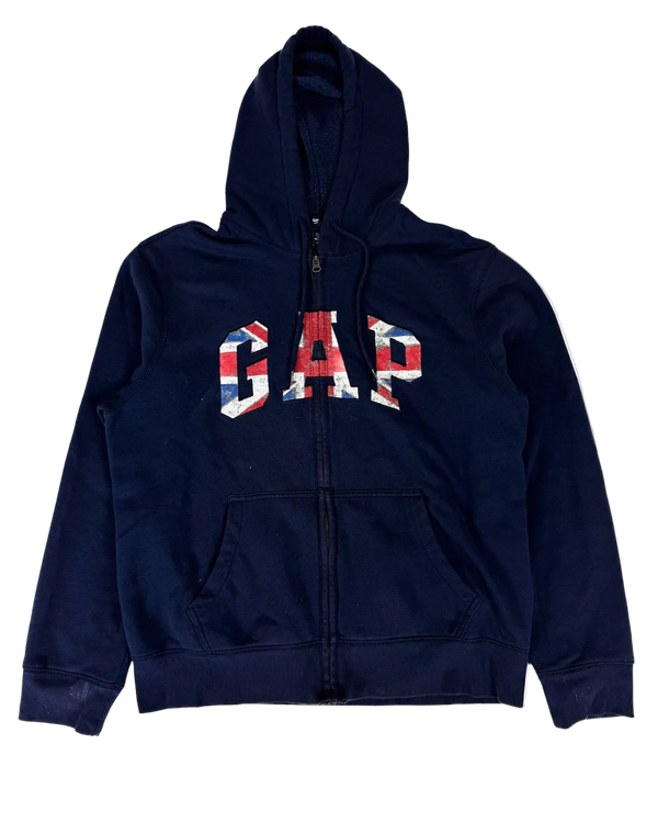 Navy zip-up hoodie with hood, front pocket, and GAP Union Jack logo
