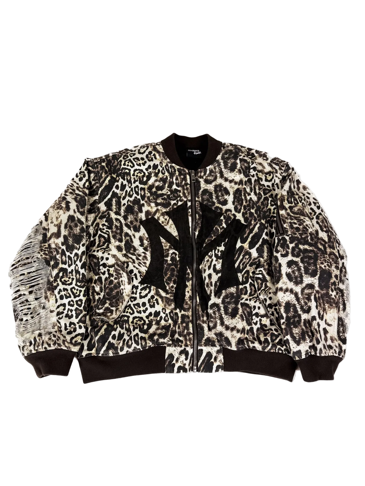 Cheetah-print bomber jacket with black ribbed collar, cuffs, and full zip front