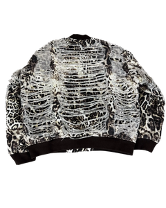 Cheetah-print bomber jacket with distressed striped applique and black ribbed hem
