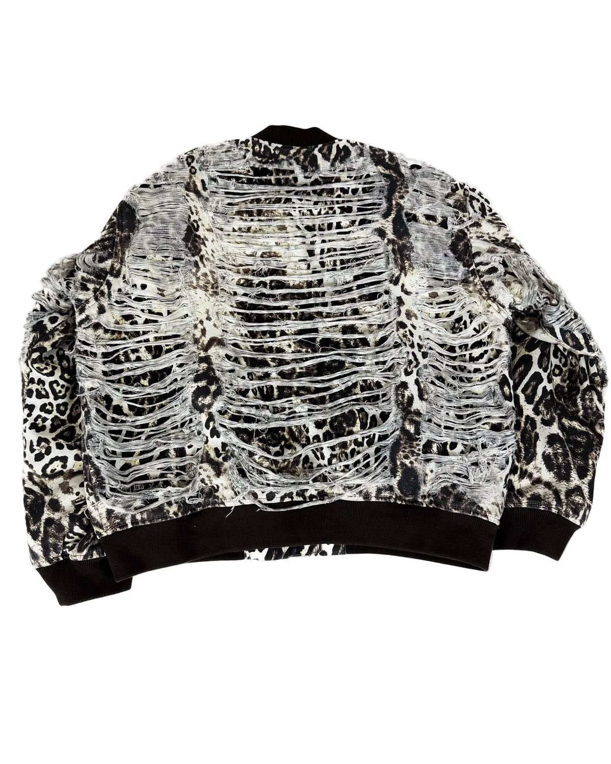Cheetah-print bomber jacket with distressed striped applique and black ribbed hem