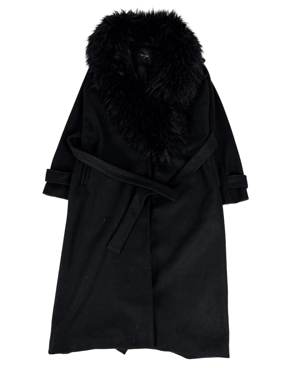Wool trench coat with dark faux fur collar and waist belt, long sleeves