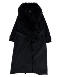 Wool trench coat with dark faux fur collar and waist belt, long sleeves