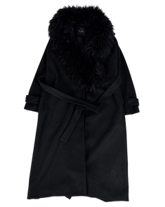 Wool trench coat with dark faux fur collar and waist belt, long sleeves