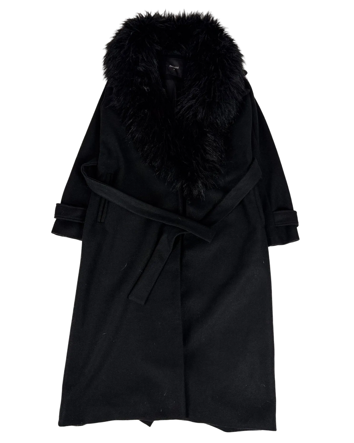 Wool trench coat with dark faux fur collar and waist belt, long sleeves