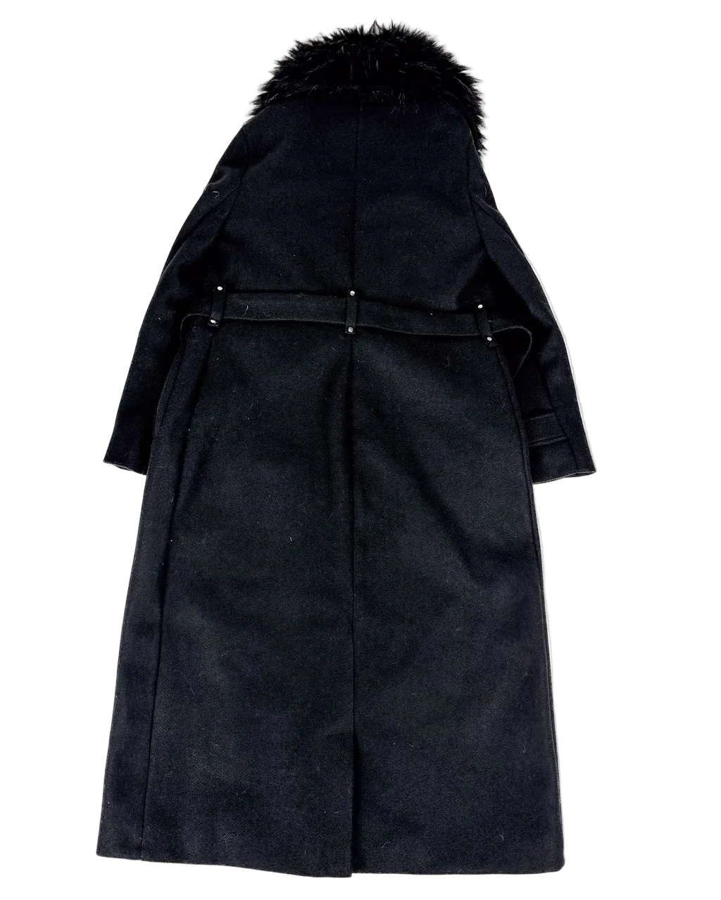 Wool trench coat back view with dark faux fur-trimmed hood and belted waist