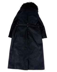 Wool trench coat back view with dark faux fur-trimmed hood and belted waist