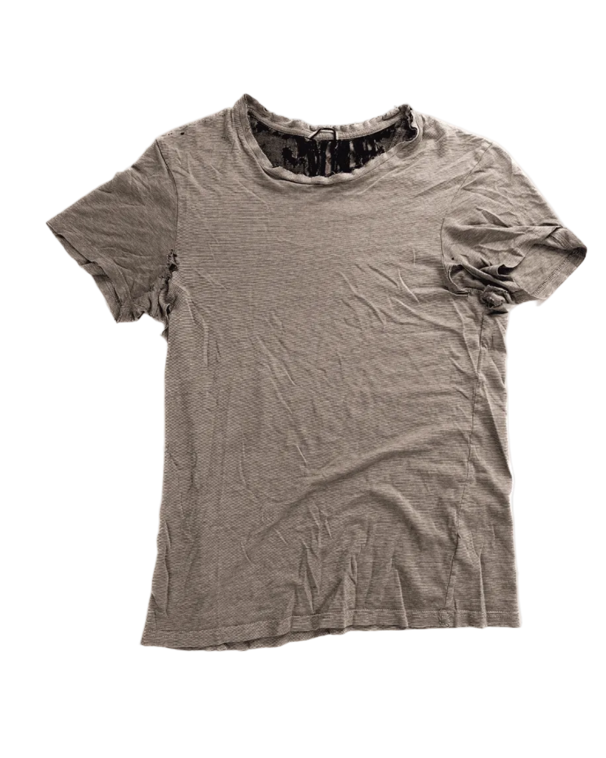 Distressed grey crew-neck t-shirt with worn seams and ripped details