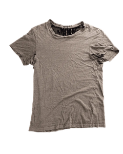 Distressed grey crew-neck t-shirt with worn seams and ripped details