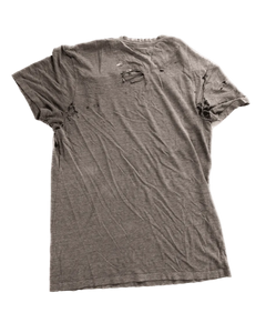 Distressed grey t-shirt back view with rugged holes and frayed hem