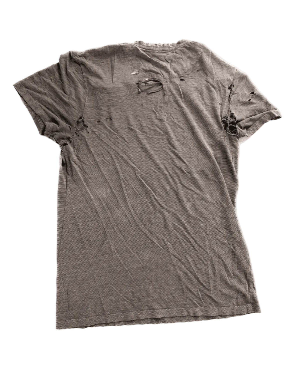 Distressed grey t-shirt back view with rugged holes and frayed hem